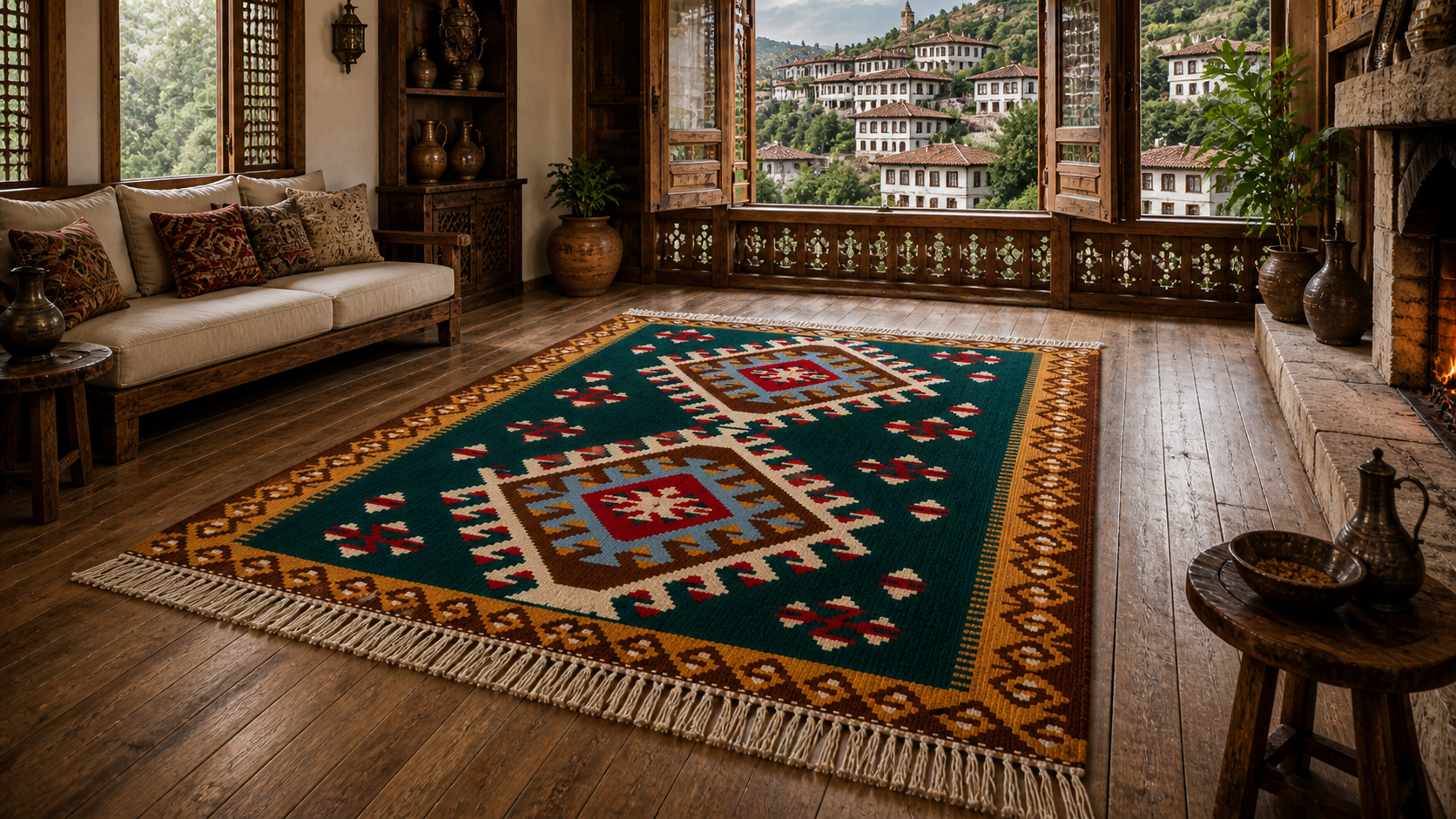 Geleneksel motifli uzun form el dokuma kenevir yolluk kilim doğal zemin halı