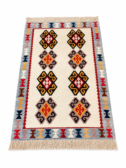 İndigo desenli kendir el dokuma doğal kilim