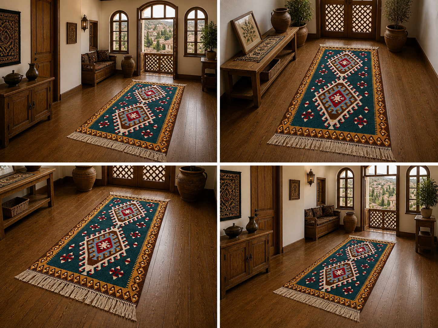 Geleneksel motifli uzun form el dokuma kenevir yolluk kilim doğal zemin halı