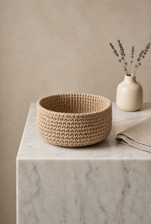 Doğal kenevir ipinden el örgüsü minimalist sunum kasesi