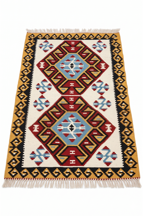 Beyaz sarı kırmızı tonlarında Anadolu Sunrise kenevir el dokuma kilim